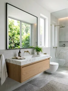 Bathroom mirror reflecting natural window light
