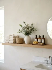 Minimalist bathroom shelf with balanced decorative styling