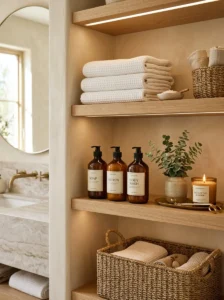 Styled bathroom shelf with matching storage accessories