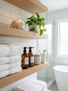Open bathroom shelves with towels and matching accessories