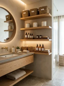 Bathroom shelves organized with baskets and trays