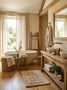 Bathroom with warm towels bath mat and cozy textile accessories