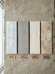 Comparison of marble porcelain ceramic and travertine bathroom tiles