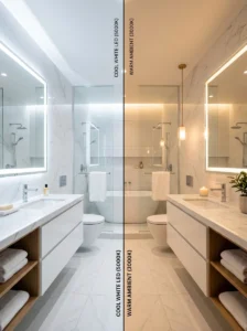 White bathroom under cool lighting compared with warm lighting