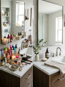 Comparison between cluttered and intentionally styled bathroom vanity