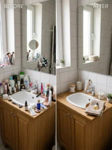Before and after decluttering a small bathroom vanity