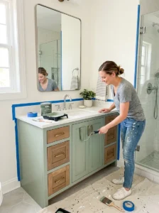Painting bathroom walls and vanity for an affordable makeover.
