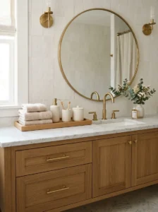 Bathroom vanity using a cohesive neutral color palette and natural materials