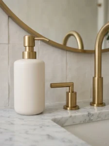 Elegant ceramic soap dispenser on a modern bathroom vanity
