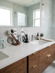 Bathroom vanity with multiple electrical outlets for shared daily routines.