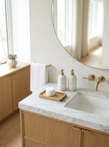 Minimal bathroom vanity styled with functional everyday essentials