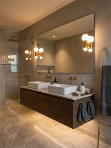 Bathroom with warm wall sconces and luxury lighting
