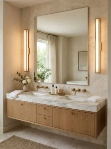 Bathroom vanity with vertical wall sconces beside the mirror
