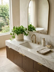 Bathroom vanity with a single decorative plant for a calm spa-like look