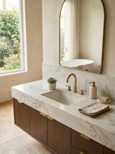 Beautifully styled luxury bathroom vanity with organized accessories