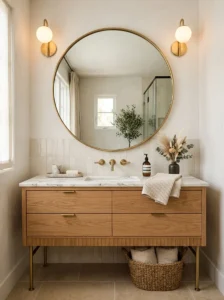 Bathroom mirror with a brass frame above a wooden vanity