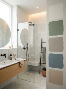 Bathroom wall paint color samples beside marble tiles