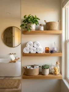 Floating bathroom shelves with towels and storage baskets