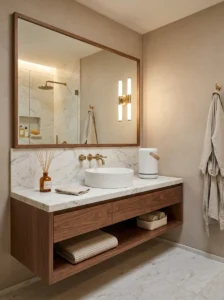 Modern air purifier and reed diffuser in a windowless bathroom