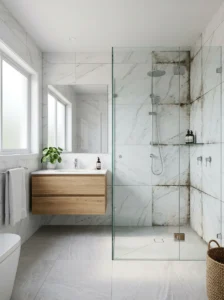 Bathroom showing clean grout compared with stained grout in a modern shower.
