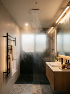 Bathroom with exhaust fan and heated towel rail