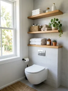Floating shelves above the toilet adding bathroom storage