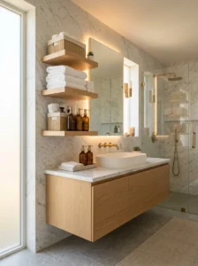 Luxury bathroom featuring perfectly styled open shelves