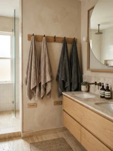 Shared bathroom with separate towel hooks and coordinated towel colors.