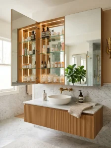 Bathroom mirrored medicine cabinet with hidden storage