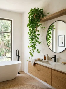 Small bathroom decorated with a hanging pothos plant