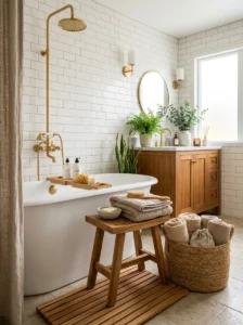 Bathroom with warm grout wooden accessories and cozy textiles