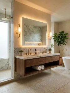 Luxury bathroom with layered vanity lighting and backlit mirror
