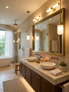 Bathroom with warm white lighting creating a cozy atmosphere