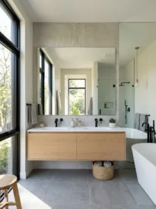 Bathroom mirror reflecting natural light to brighten the space