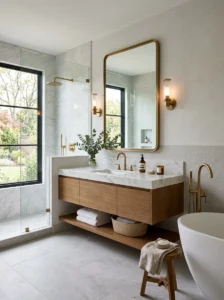 Modern luxury bathroom with a large designer mirror