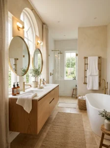 Warm spa-inspired bathroom with cozy modern design
