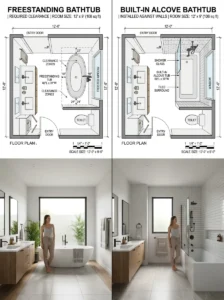 Comparison between freestanding tub and built-in tub floor space requirements.