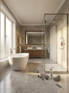 Large bathroom with freestanding bathtub and separate shower.
