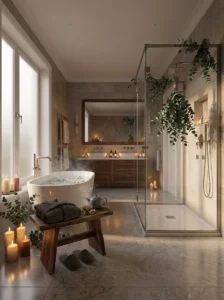 Spa-inspired bathroom ritual with candles, robe, tea, and relaxing atmosphere.