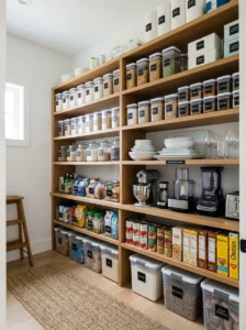 Pantry closet organized with extra kitchen supplies and storage bins