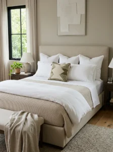 Hotel bed system showing the correct bedding layers from fitted sheet to pillows.