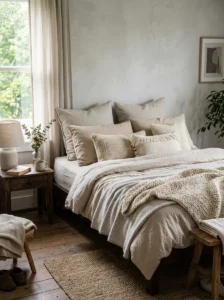 Layered pillows making a bed look complete without a headboard.