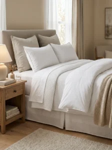 Flat sheet folded neatly to create the classic hotel bed look.