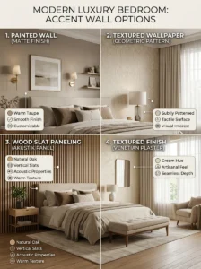 Bedroom accent wall design ideas including paint, wallpaper, wood slats, and textured finishes