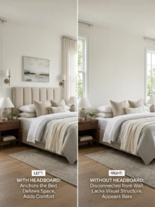 Comparison of a bedroom with and without a headboard showing visual balance.