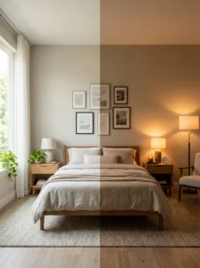 Curtained storage area creating a hidden closet alternative in a bedroom.