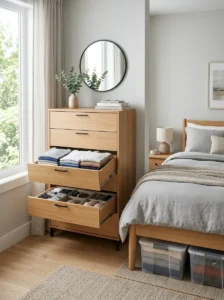 Alt Text: Tall dresser and under-bed storage for organizing folded clothing.