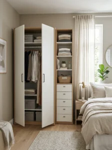 Bedroom with no built-in storage using a storage bed, floating shelves, and matching cabinets for organized storage