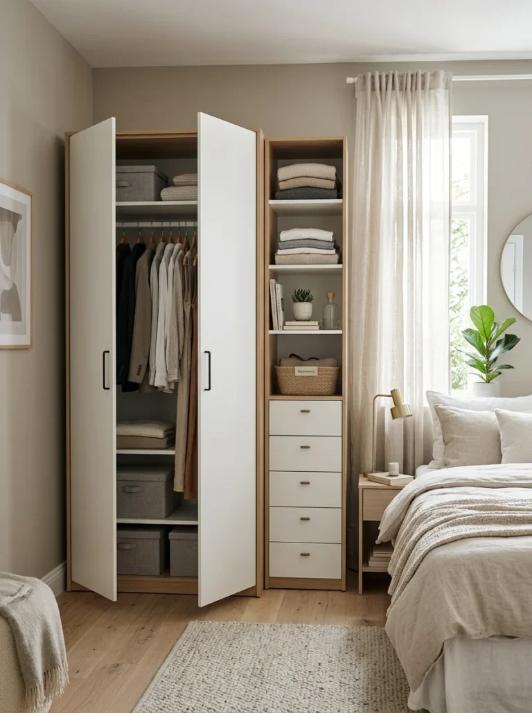 Bedroom with no built-in storage using a storage bed, floating shelves, and matching cabinets for organized storage