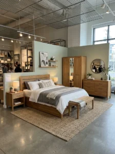 Matching bedroom furniture set in a furniture showroom.